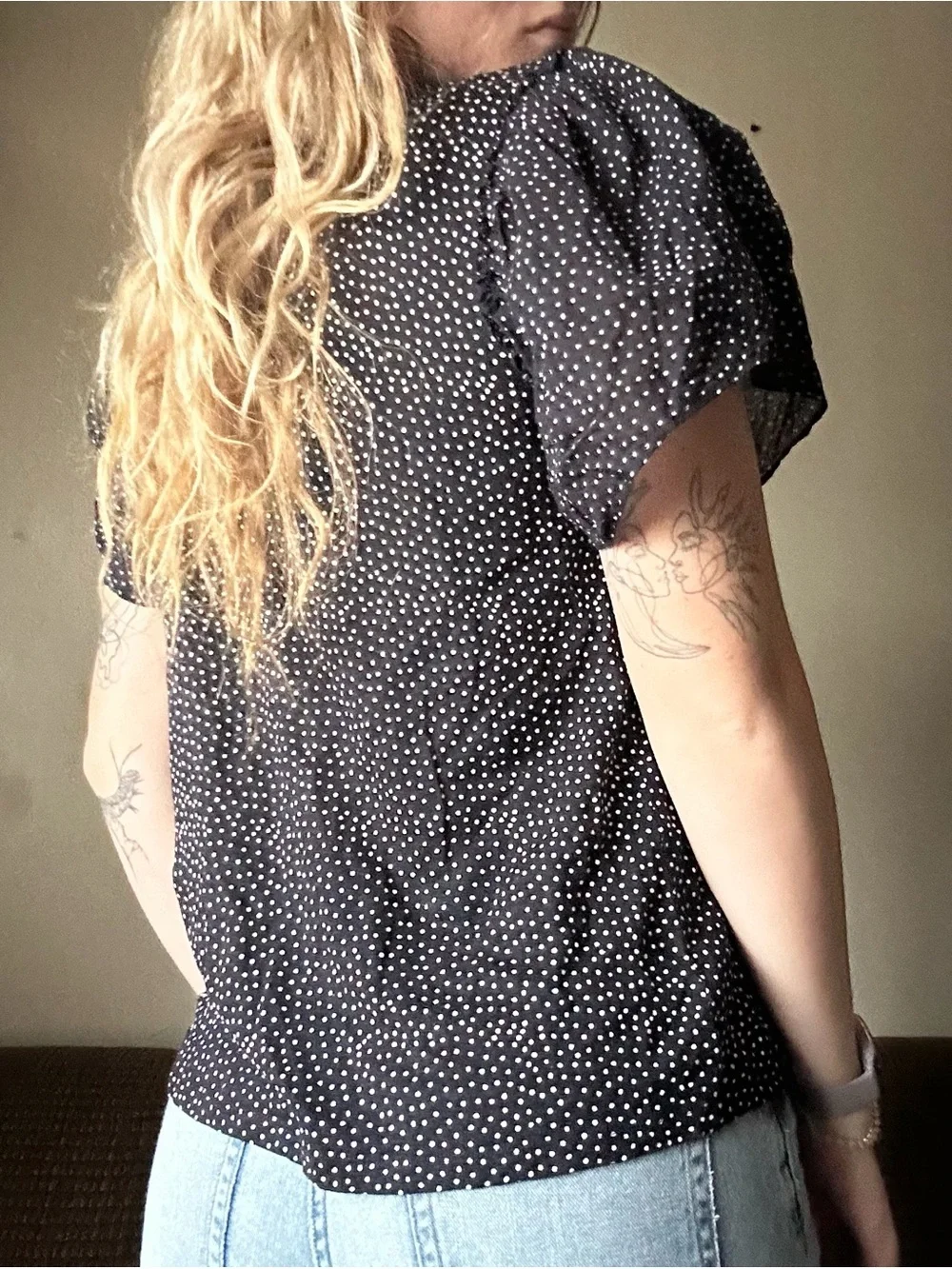 LOFT Linen Puff Sleeve Polka Dot Blouse Size S